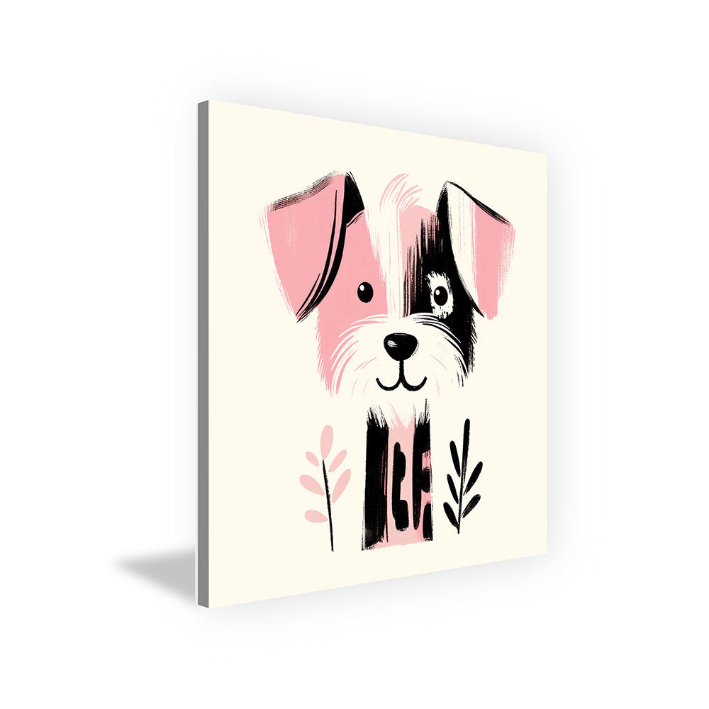 Hugo, der Hobbymaler-Hund – Baby-Kinder-Wandbild MIXPIX – Tiermotiv Hund als Illustration in Rosa – Ani-Mali Bilderset Kinderzimmer Wanddekoration