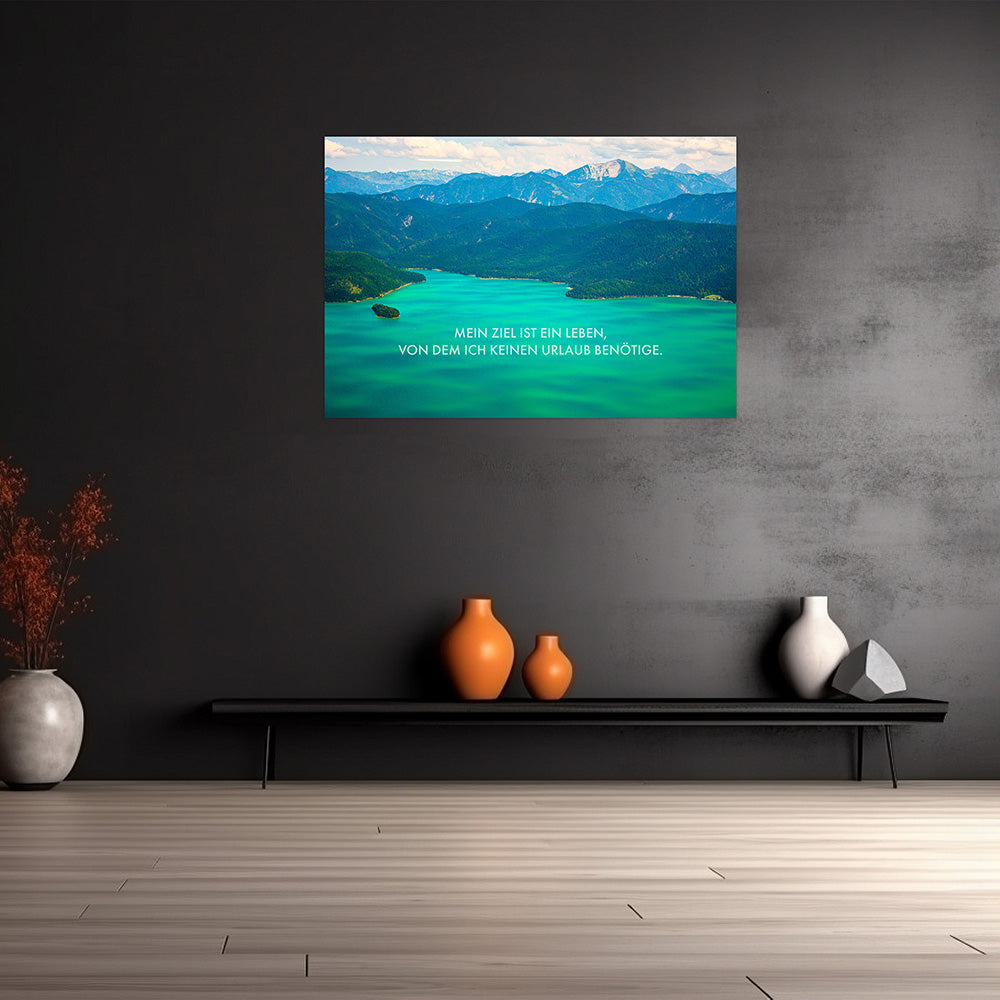Wandbild in Türkis mit Landschaft See und Bergen