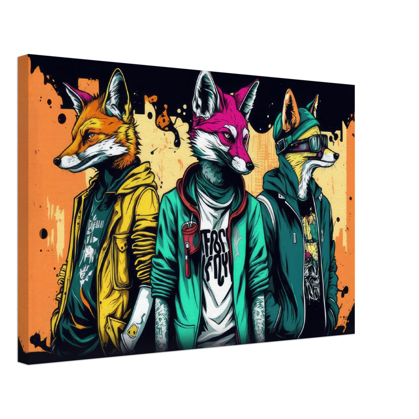 Foxy Fables - Füchse Wandbild - Crazy Wildlife Leinwand Cartoon Style im Querformat - Coole Tiere & Animals Kunstdruck