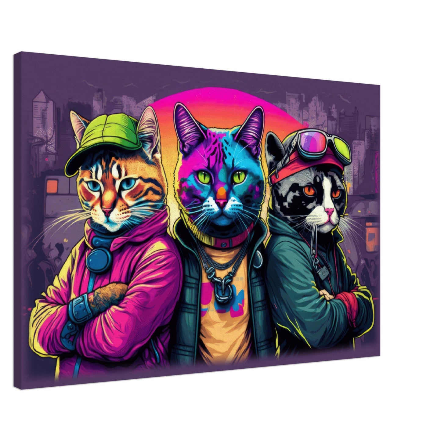 Whisker Wonders - Katzen Wandbild - Crazy Wildlife Leinwand Cartoon Style im Querformat - Coole Tiere & Animals Kunstdruck