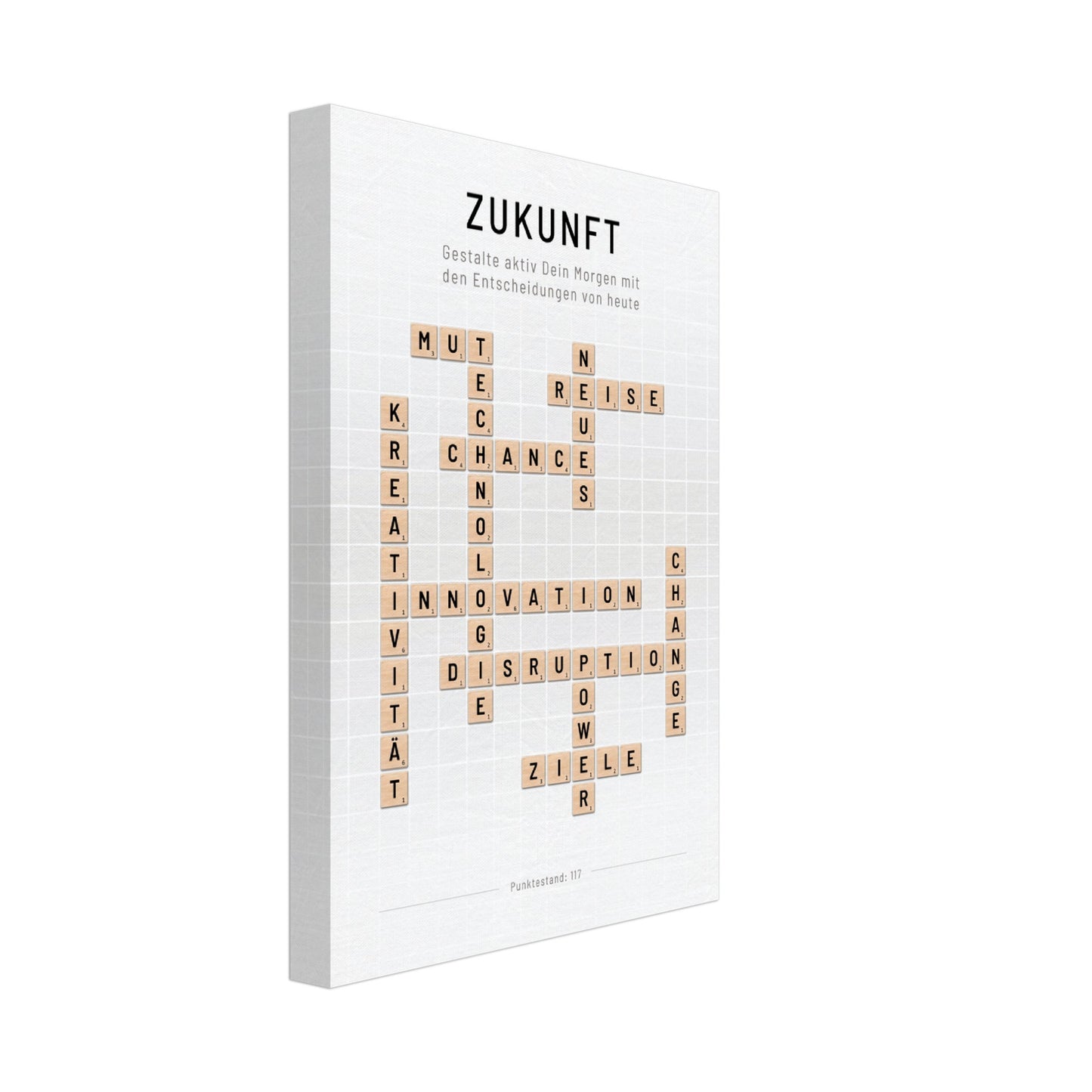 Zukunft - Crossword-Wandbild - Leinwand Weiss Neutral im Hochformat - Typografie Worte Scrabble Brettspiel Sprache Business Job