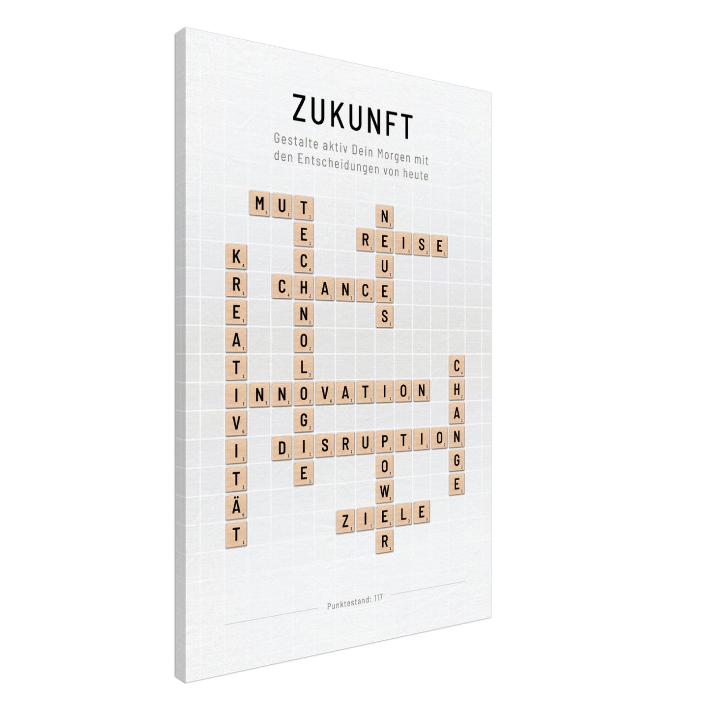 Zukunft - Crossword-Wandbild - Leinwand Weiss Neutral im Hochformat - Typografie Worte Scrabble Brettspiel Sprache Business Job