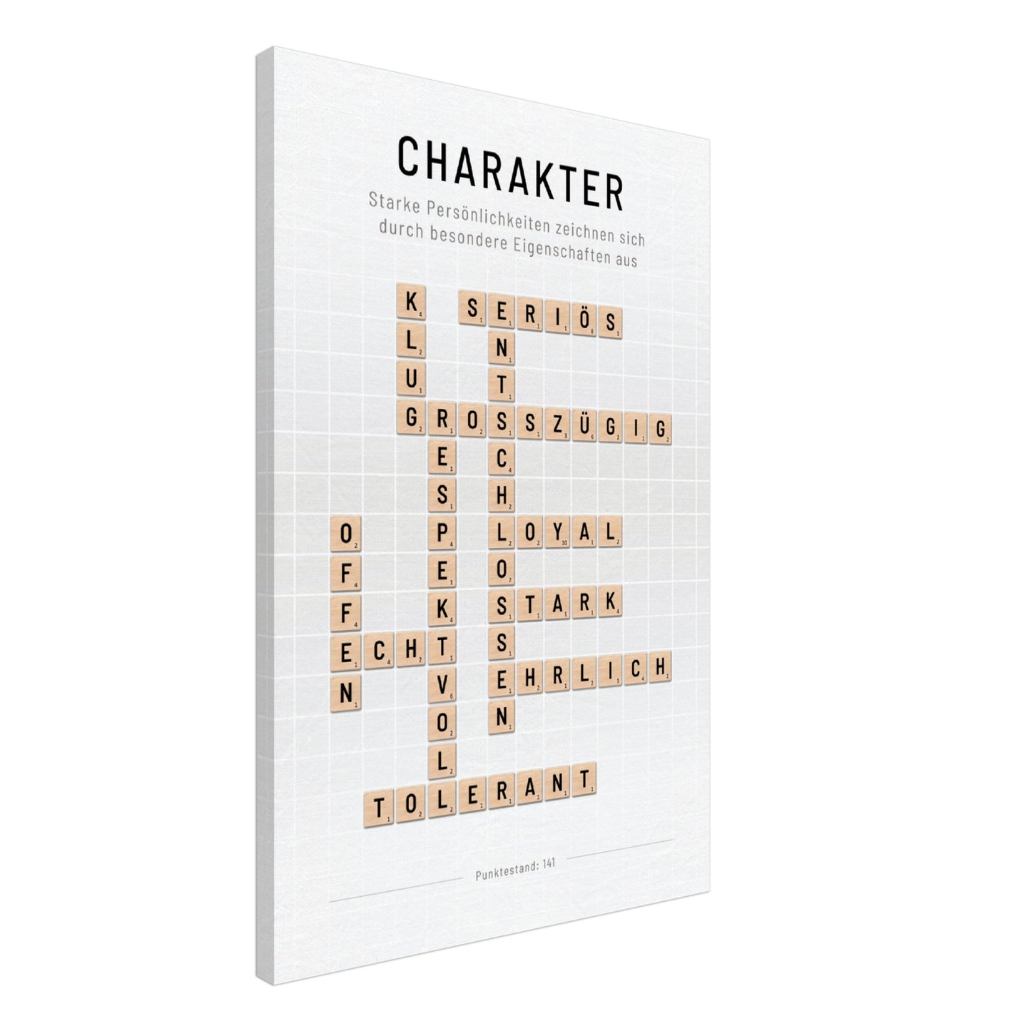 Charakter - Crossword-Wandbild - Leinwand Weiss Neutral im Hochformat - Typografie Worte Scrabble Brettspiel Sprache Leben Alltag