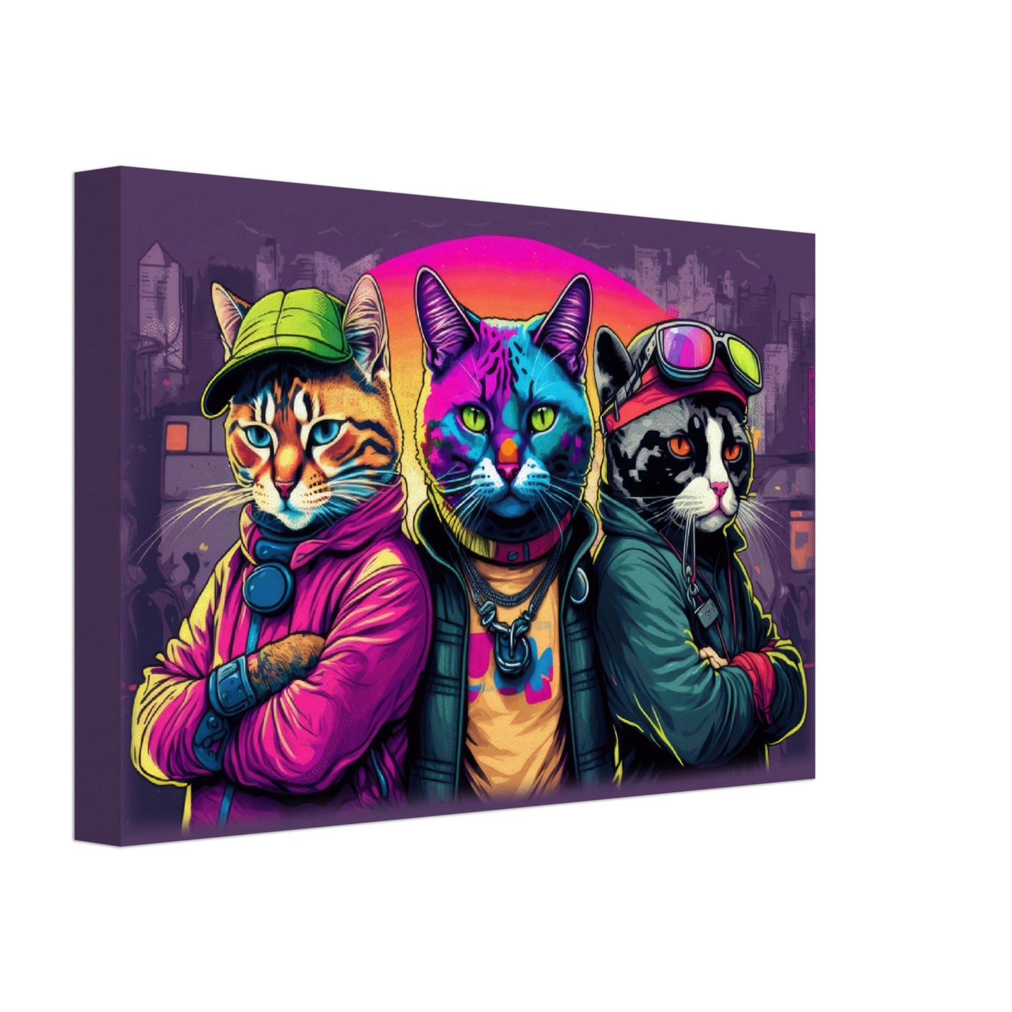 Whisker Wonders - Katzen Wandbild - Crazy Wildlife Leinwand Cartoon Style im Querformat - Coole Tiere & Animals Kunstdruck