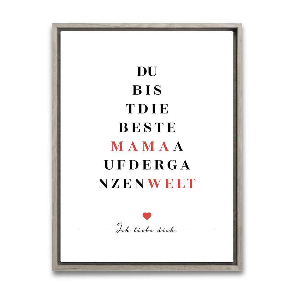 "Du bist die beste Mama auf der ganzen Welt" - Leinwandbild in Weiß-Schwarz-Rot