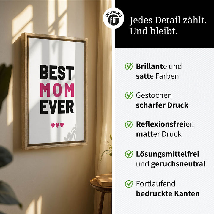 "Best mom ever" Typografie - Leinwandbild in Weiß-Schwarz-Pink