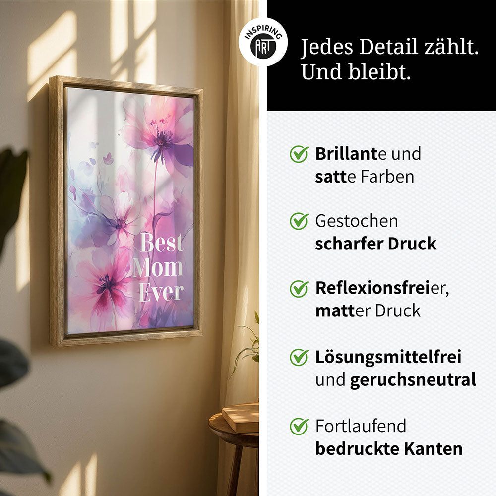"Best mom ever" Lila Blumen - Leinwandbild bunt