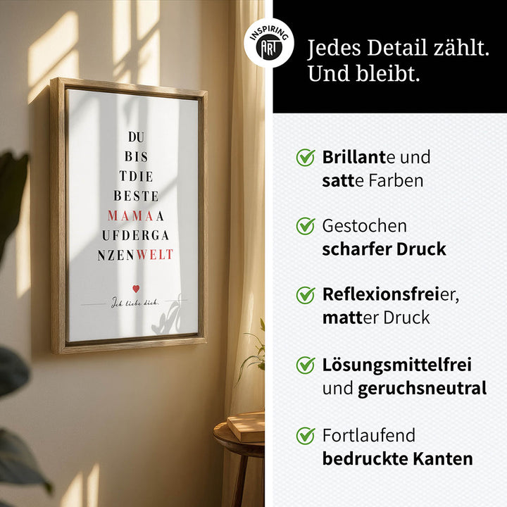 "Du bist die beste Mama auf der ganzen Welt" - Leinwandbild in Weiß-Schwarz-Rot
