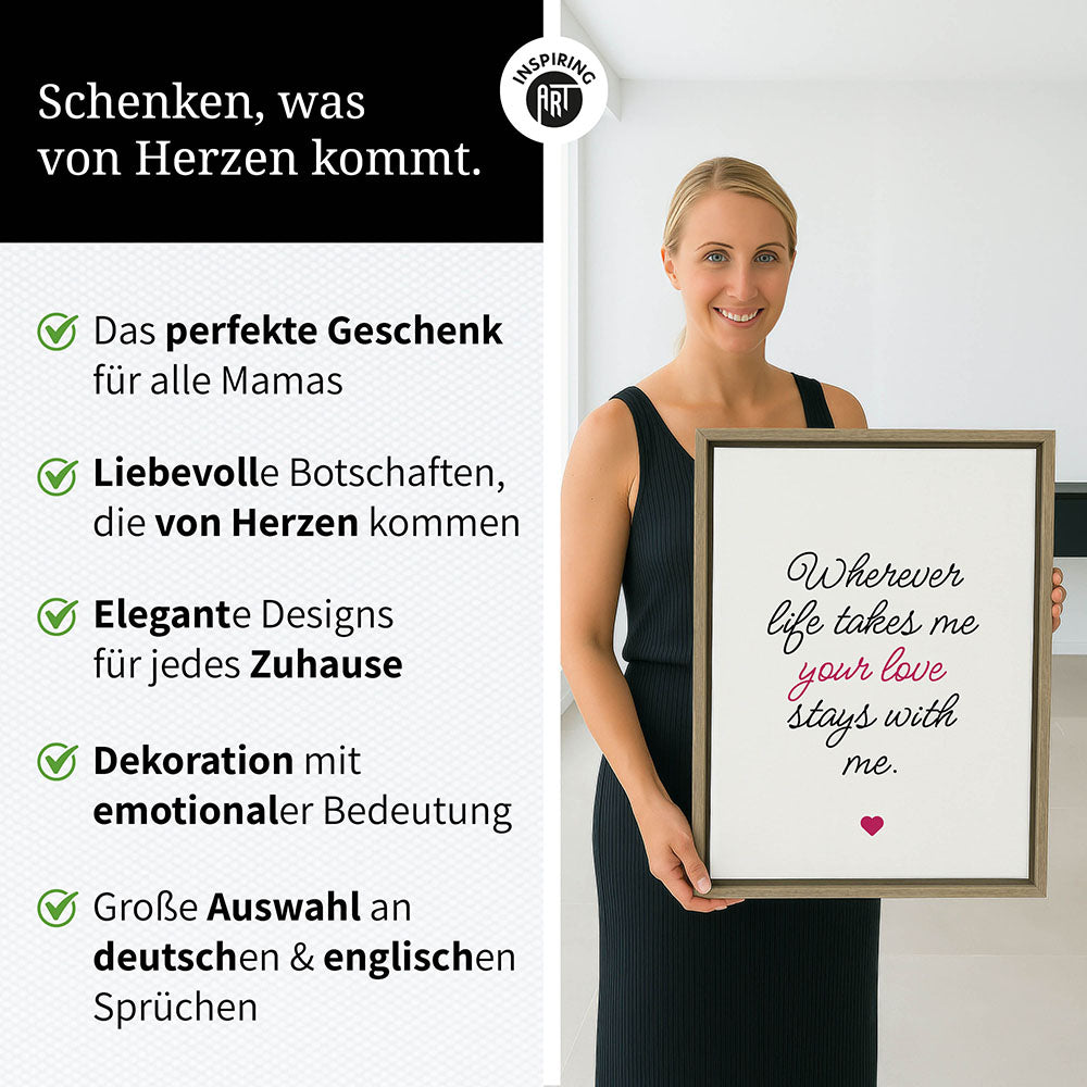 "Wherever life takes me your love stays with me" - Leinwandbild in Weiß-Schwarz-Pink