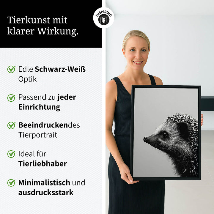 Leinwandbild: Tierporträt Igel "Fips" in Schwarz-Weiß