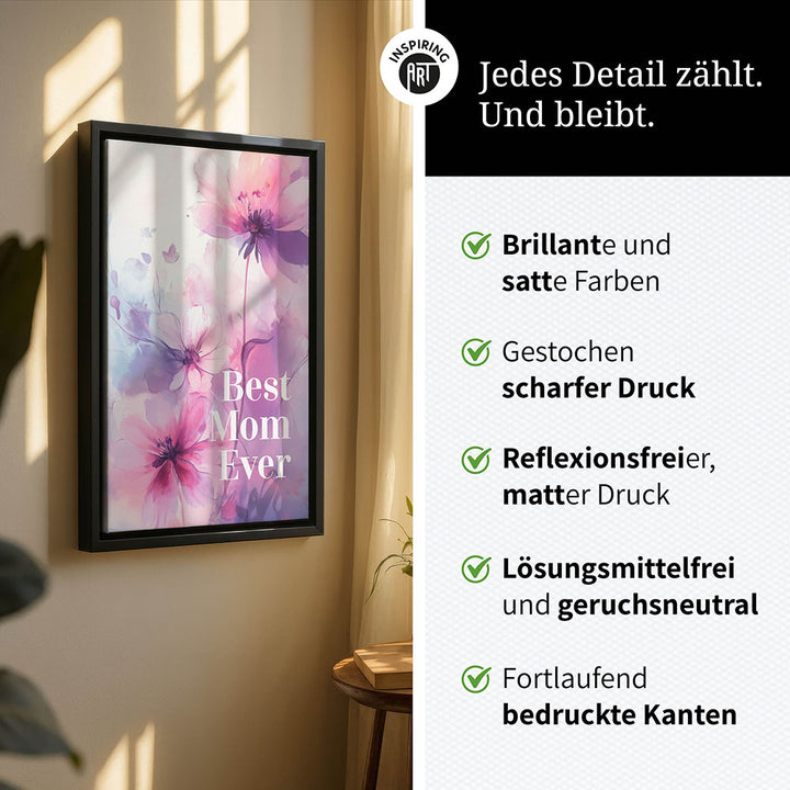 "Best mom ever" Lila Blumen - Leinwandbild bunt