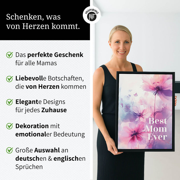 "Best mom ever" Lila Blumen - Leinwandbild bunt