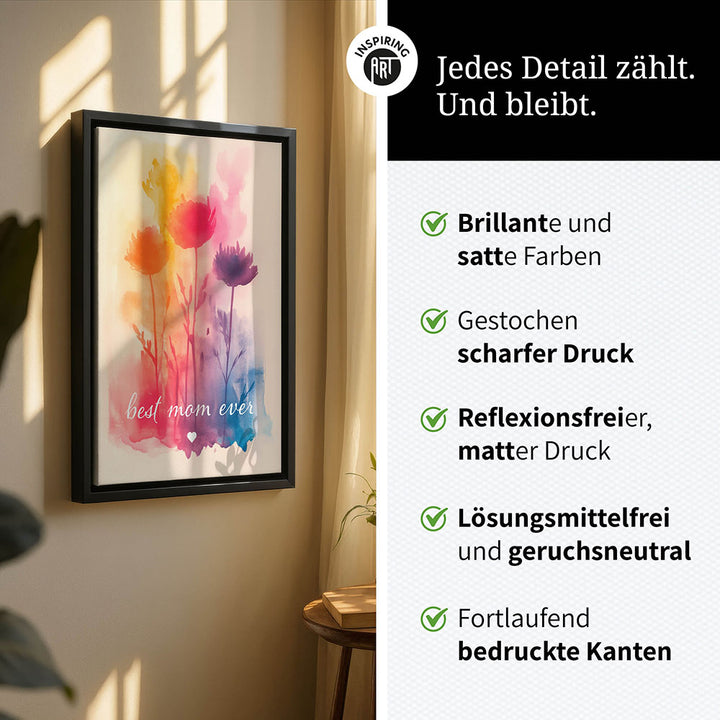 "Best mom ever" Aquarell-Blumen - Leinwandbild bunt