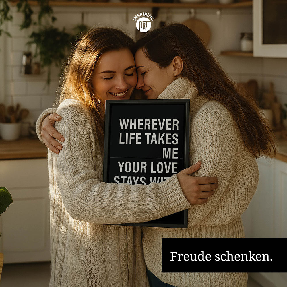 "Wherever life takes me your love stays with me" - Leinwandbild in Schwarz-Weiß-Pink