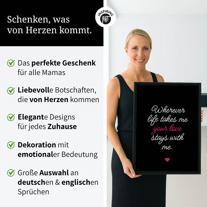 "Wherever life takes me your love stays with me" - Leinwandbild in Schwarz-Weiß-Pink