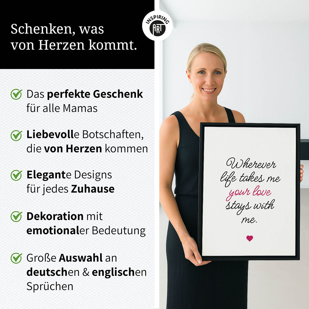 "Wherever life takes me your love stays with me" - Leinwandbild in Weiß-Schwarz-Pink