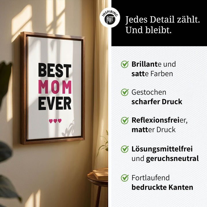 "Best mom ever" Typografie - Leinwandbild in Weiß-Schwarz-Pink