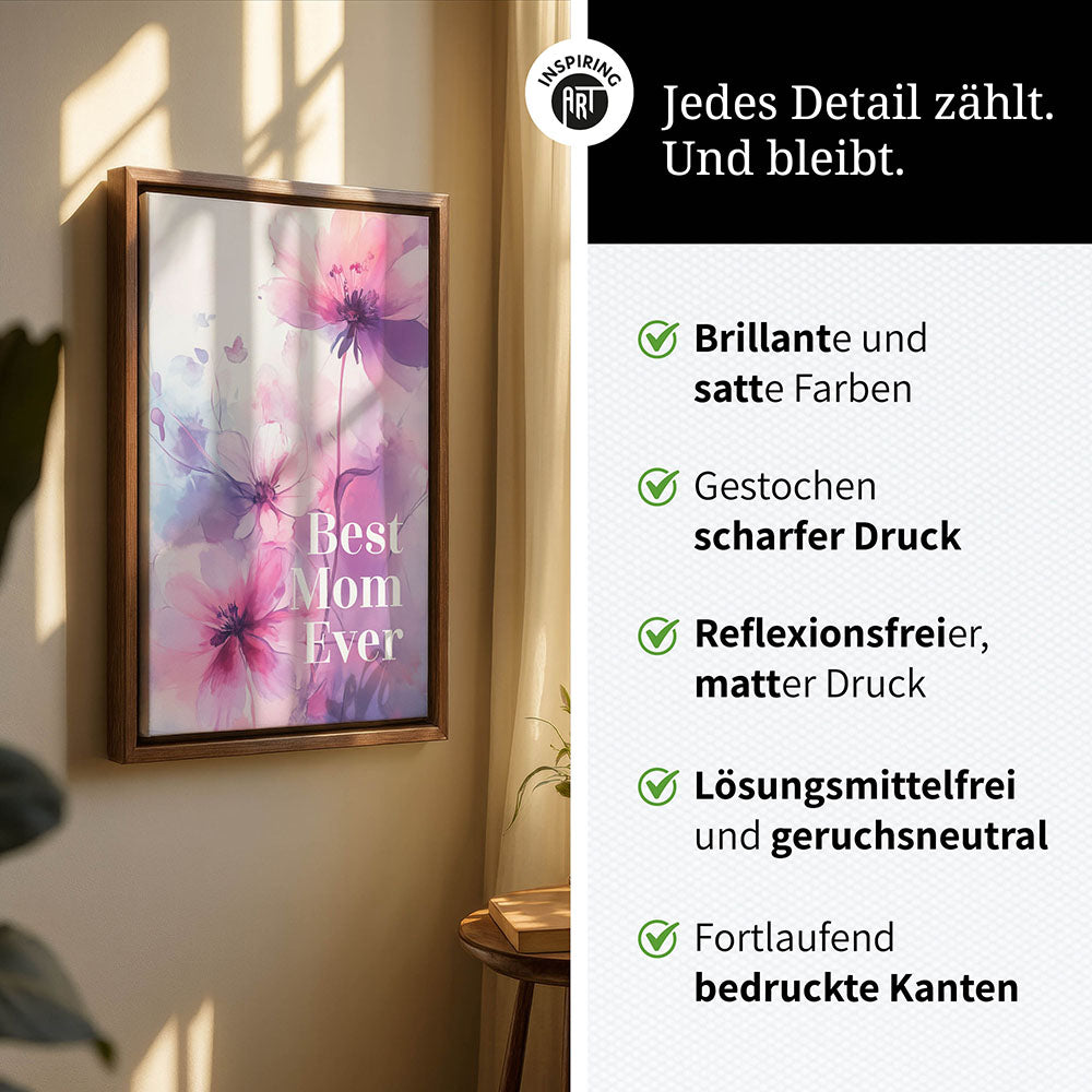 "Best mom ever" Lila Blumen - Leinwandbild bunt