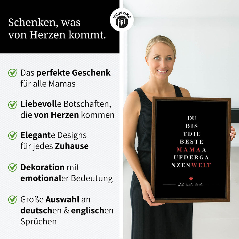 "Du bist die beste Mama auf der ganzen Welt" - Leinwandbild in Schwarz-Weiß-Rot