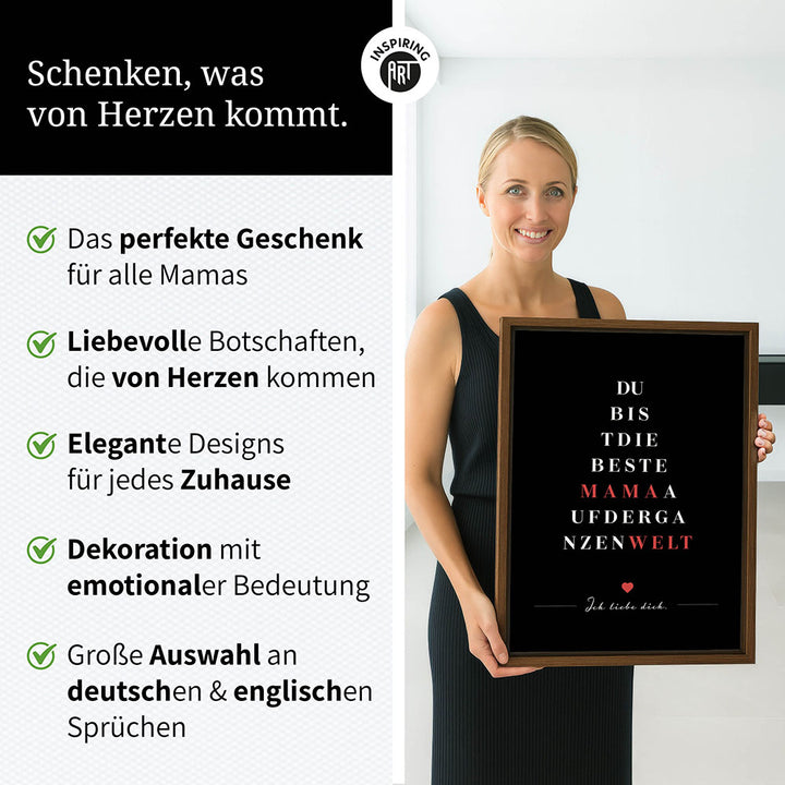 "Du bist die beste Mama auf der ganzen Welt" - Leinwandbild in Schwarz-Weiß-Rot