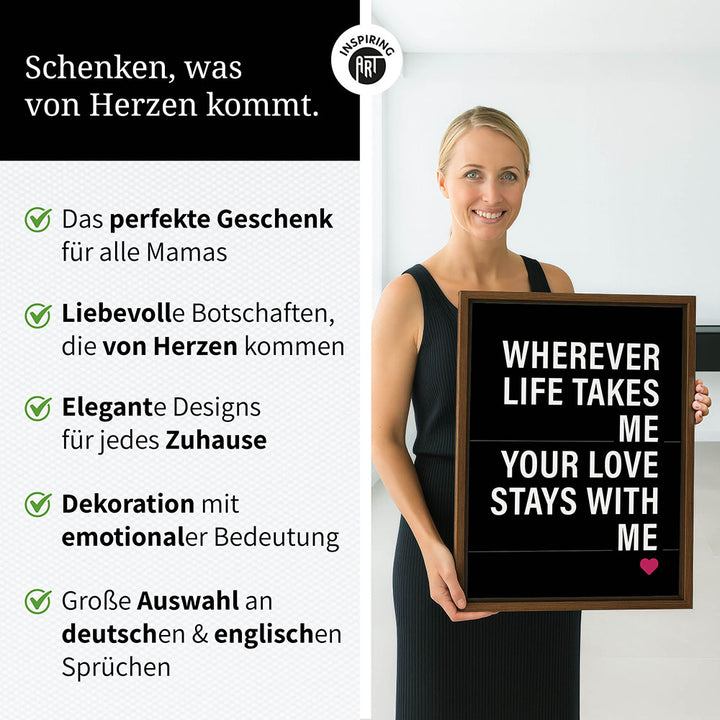 "Wherever life takes me your love stays with me" - Leinwandbild in Schwarz-Weiß-Pink