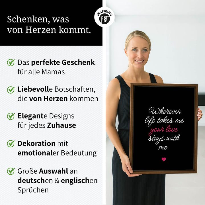 "Wherever life takes me your love stays with me" - Leinwandbild in Schwarz-Weiß-Pink