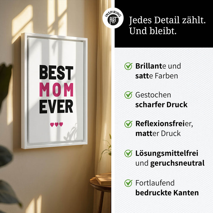 "Best mom ever" Typografie - Leinwandbild in Weiß-Schwarz-Pink