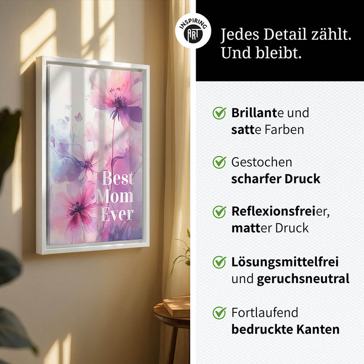 "Best mom ever" Lila Blumen - Leinwandbild bunt