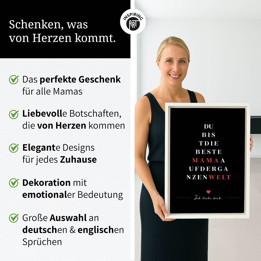 "Du bist die beste Mama auf der ganzen Welt" - Leinwandbild in Schwarz-Weiß-Rot