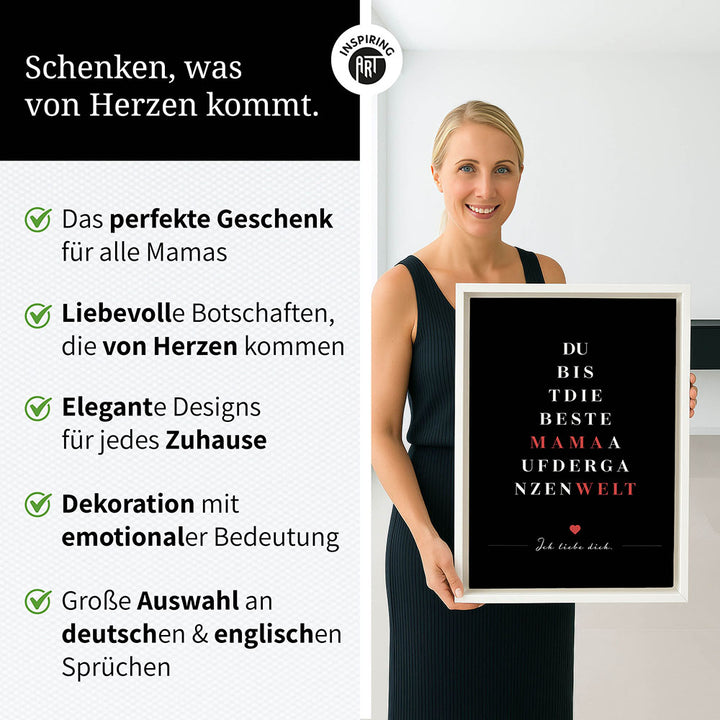 "Du bist die beste Mama auf der ganzen Welt" - Leinwandbild in Schwarz-Weiß-Rot