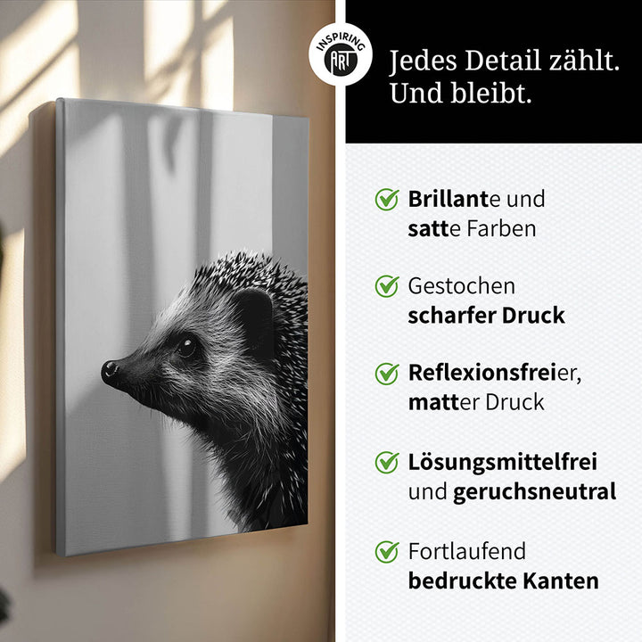 Leinwandbild: Tierporträt Igel "Fips" in Schwarz-Weiß