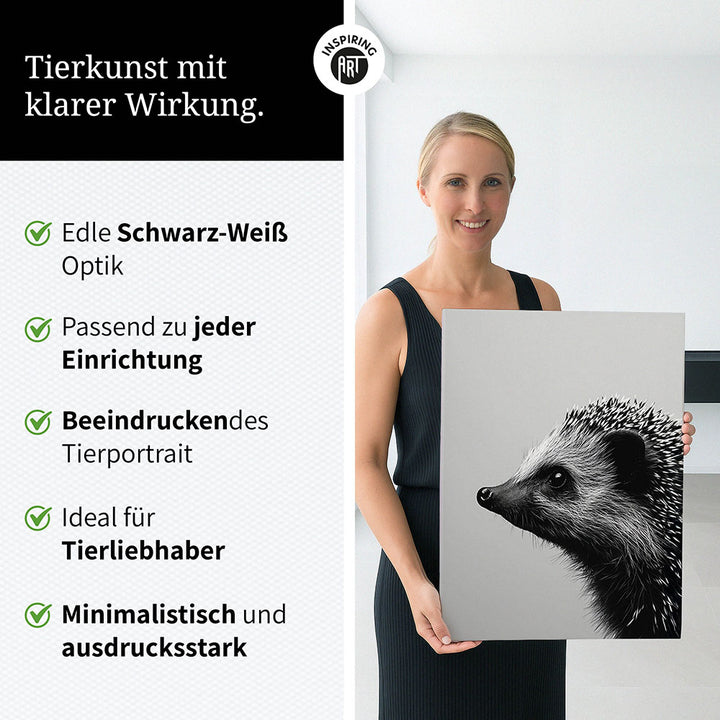 Leinwandbild: Tierporträt Igel "Fips" in Schwarz-Weiß