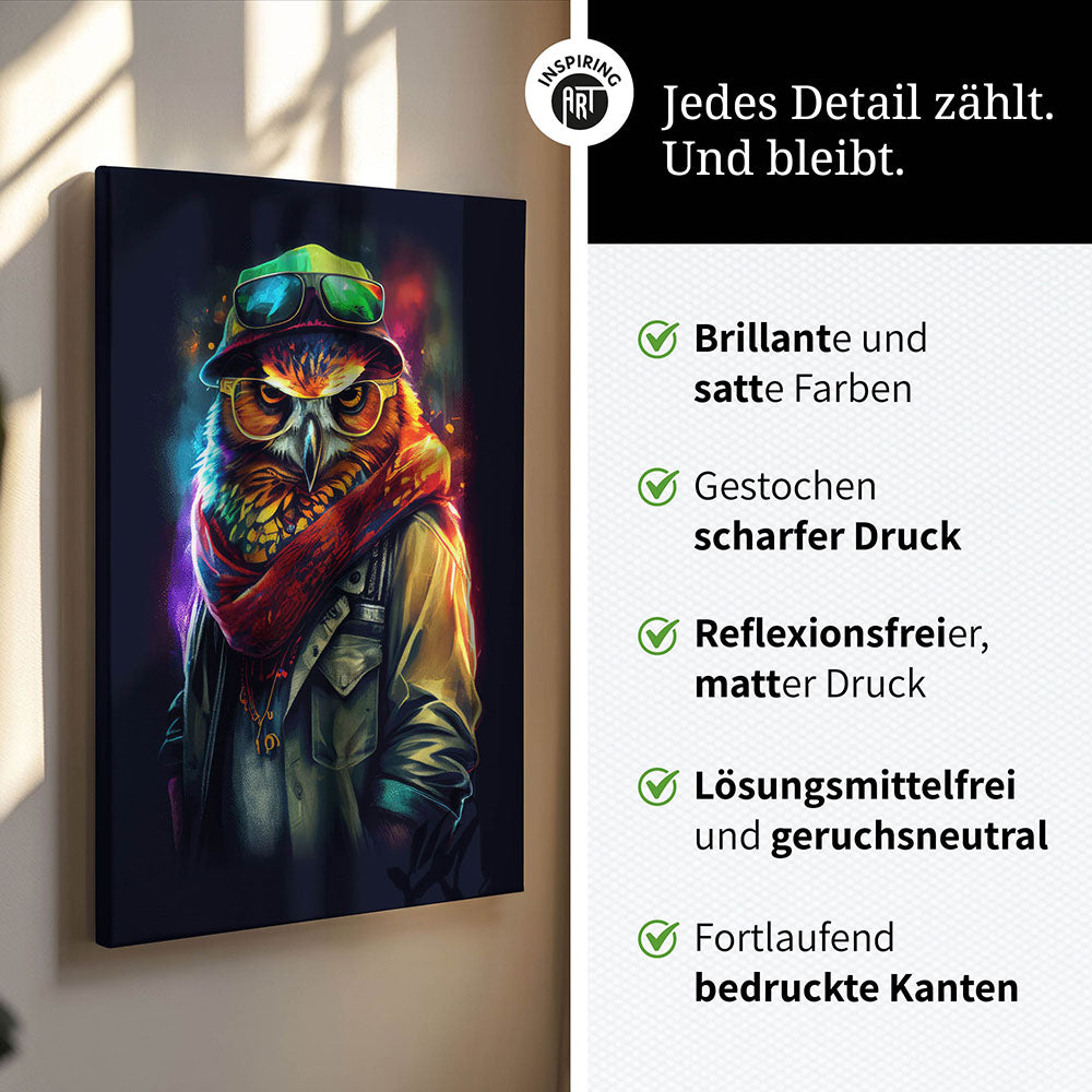 Leinwand Bild Eule bunt cool Brille