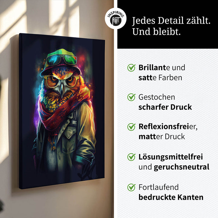 Leinwand Bild Eule bunt cool Brille
