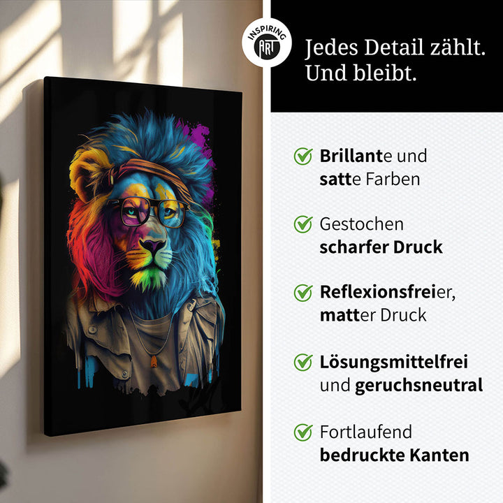 Leinwand Bild Löwe bunt cool Brille