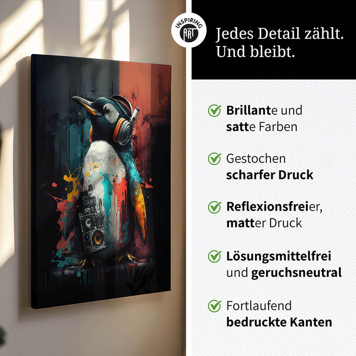Leinwand Bild Bunt Pinguin Cool Kopfhörer Musik
