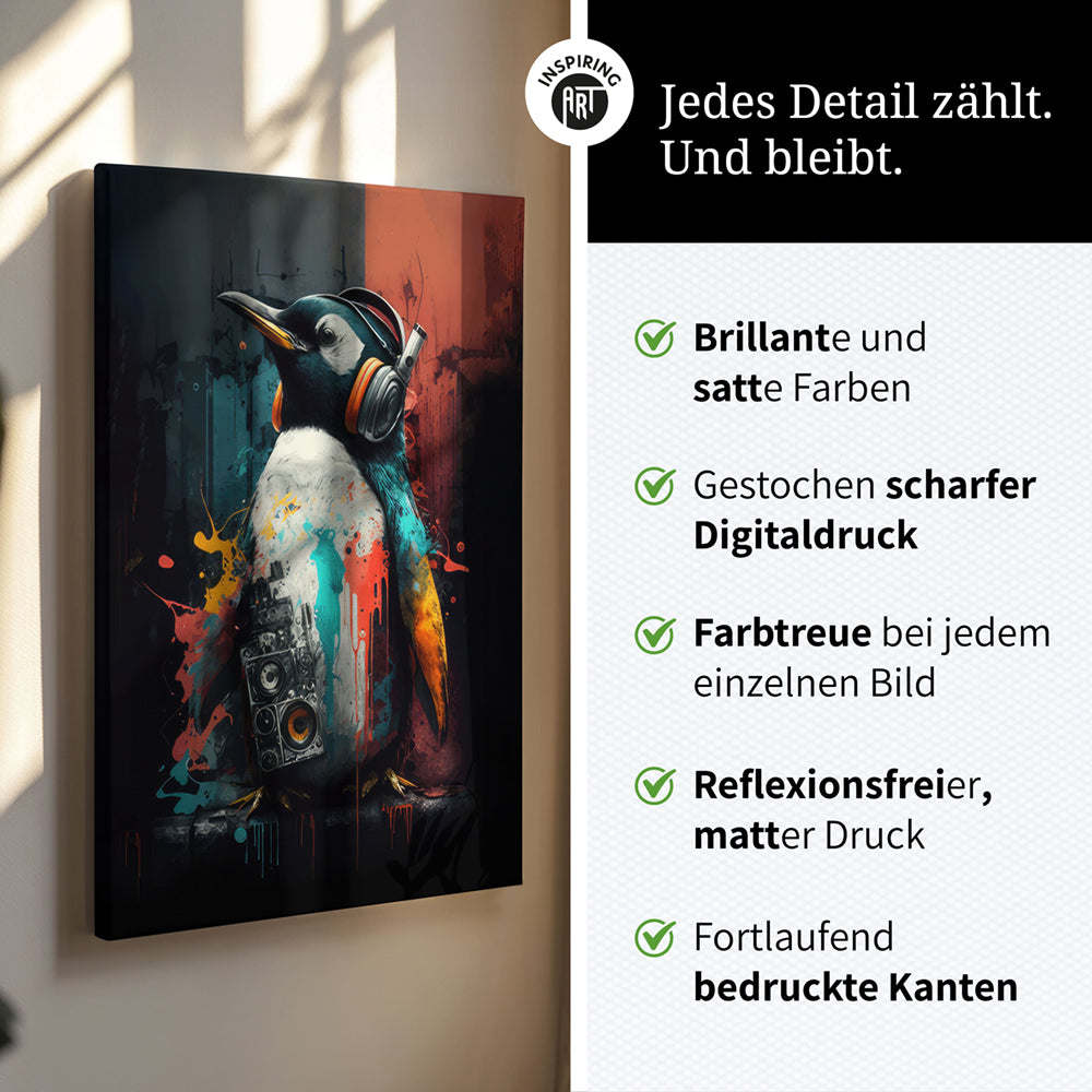 Leinwand Bild Bunt Pinguin Cool Kopfhörer Musik