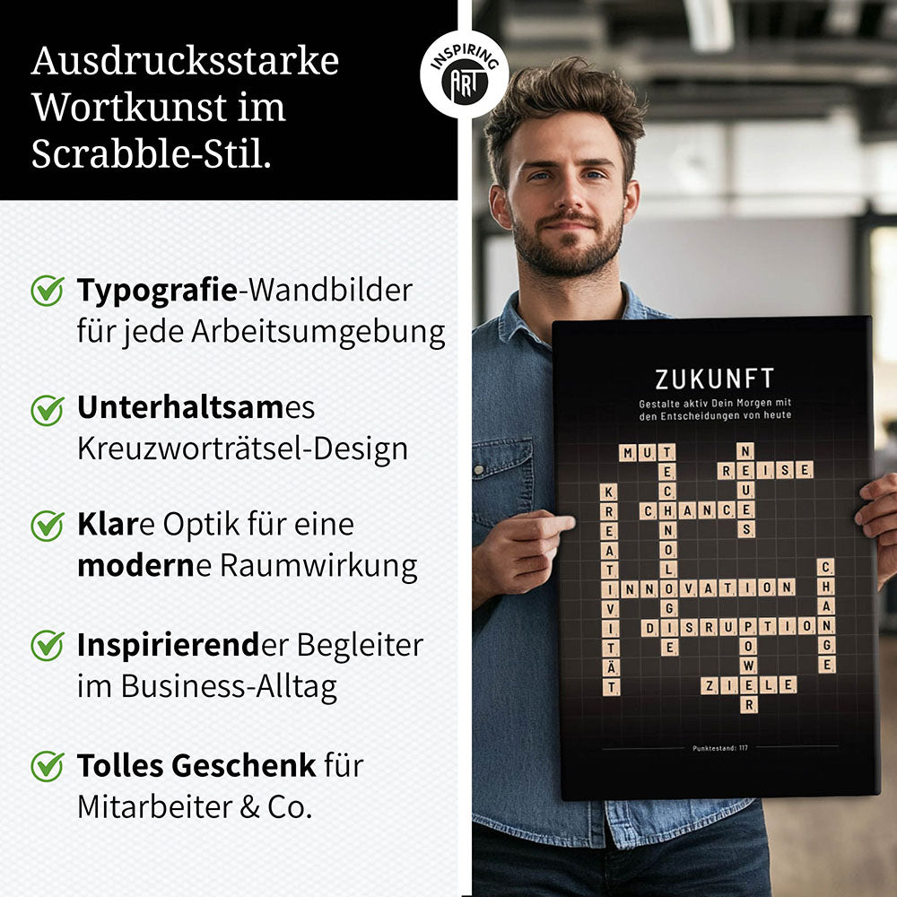 Zukunft - Crossword-Wandbild - Leinwand im Hochformat - Scrabble Design