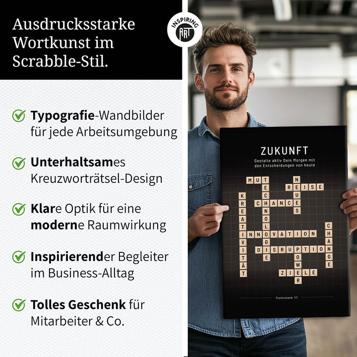 Zukunft - Crossword-Wandbild - Leinwand im Hochformat - Scrabble Design