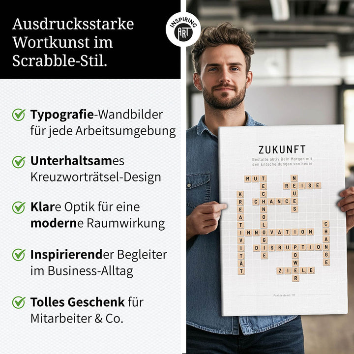 Zukunft - Crossword-Wandbild - Leinwand im Hochformat - Scrabble Design