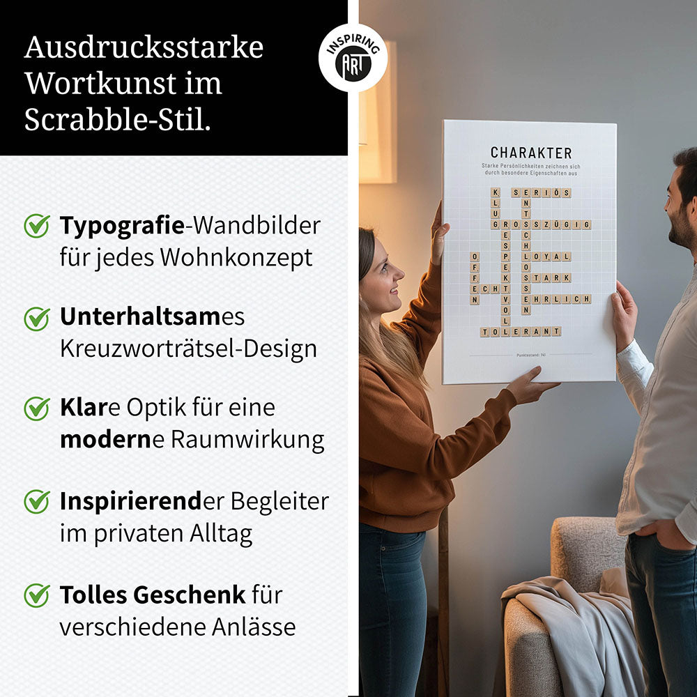Charakter - Crossword-Wandbild - Leinwand im Hochformat - Scrabble Design