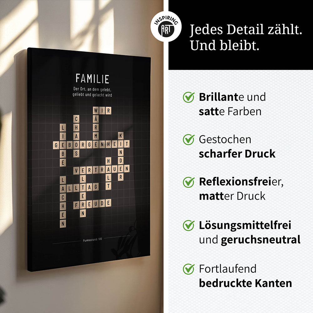 Familie - Crossword-Wandbild - Leinwand Weiss im Hochformat - Scrabble Design