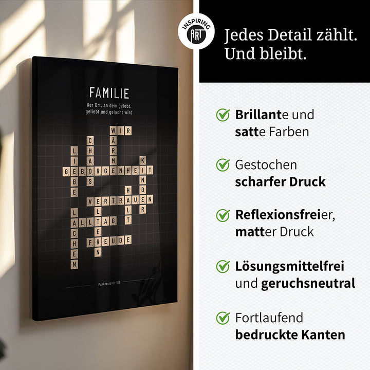 Familie - Crossword-Wandbild - Leinwand Weiss im Hochformat - Scrabble Design