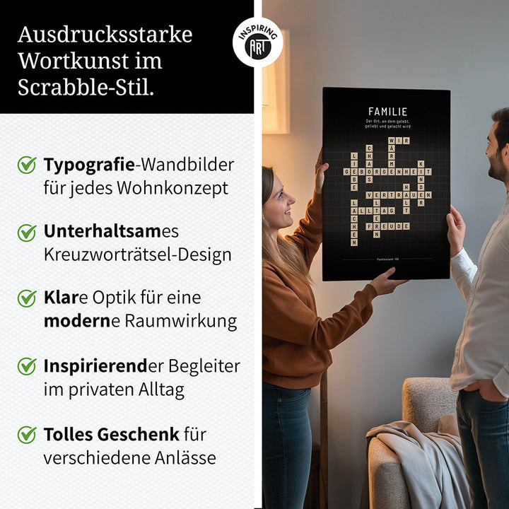 Familie - Crossword-Wandbild - Leinwand Weiss im Hochformat - Scrabble Design
