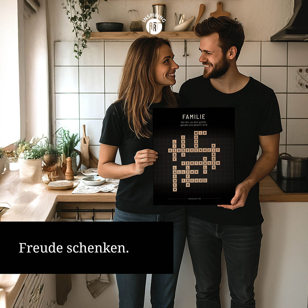 Familie - Crossword-Wandbild - Leinwand Weiss im Hochformat - Scrabble Design