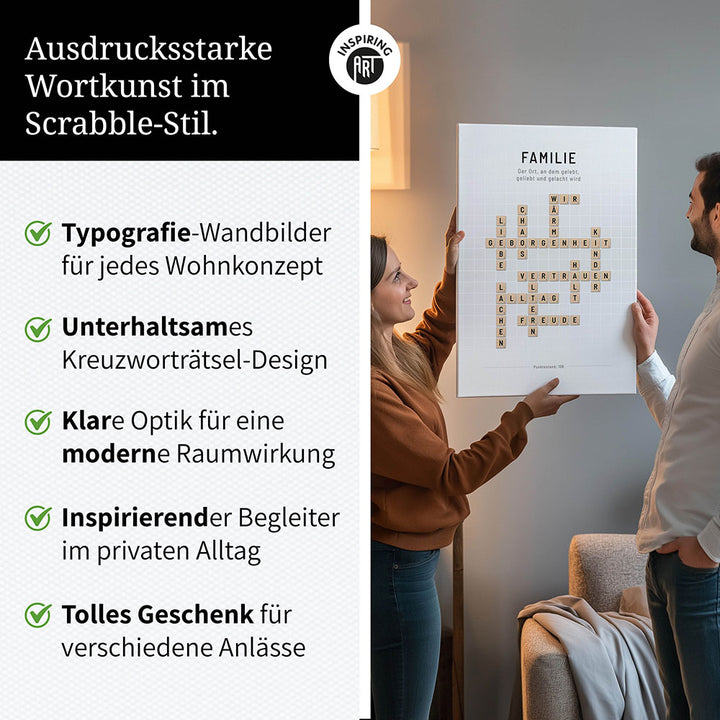Familie - Crossword-Wandbild - Leinwand Weiss im Hochformat - Scrabble Design