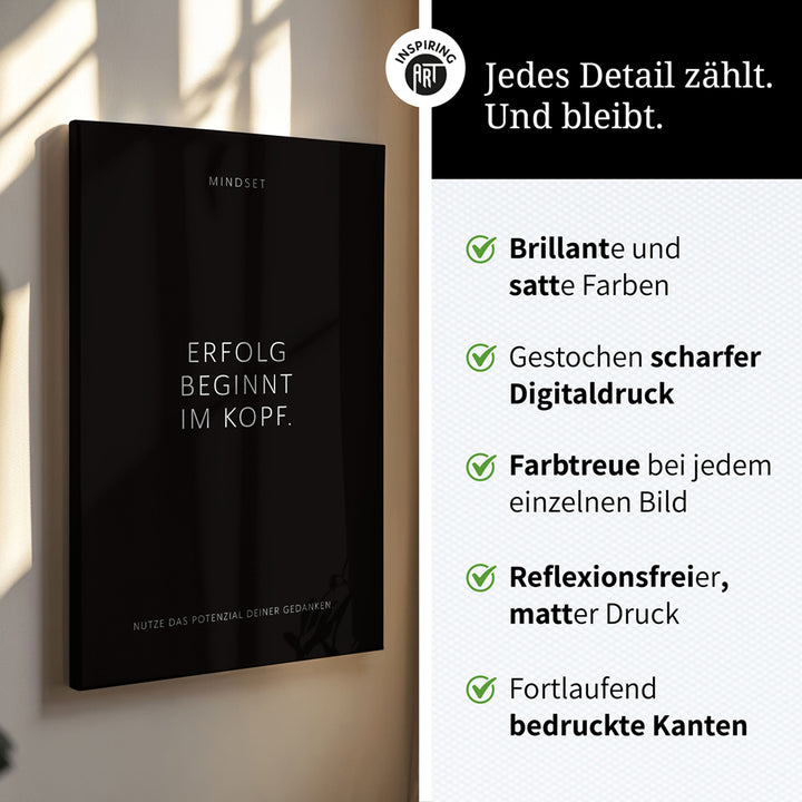 Erfolg beginnt im Kopf. – Leinwand Wandbild Motivation