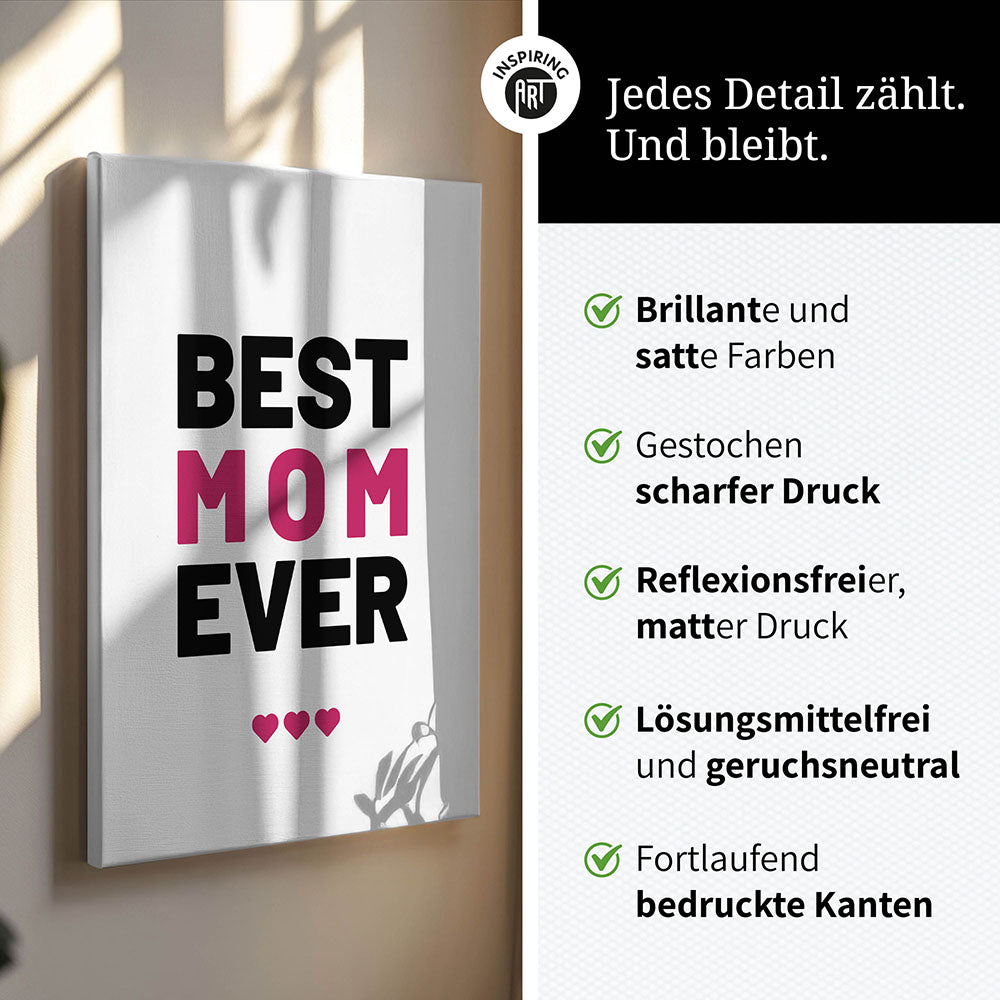 "Best mom ever" Typografie - Leinwandbild in Weiß-Schwarz-Pink