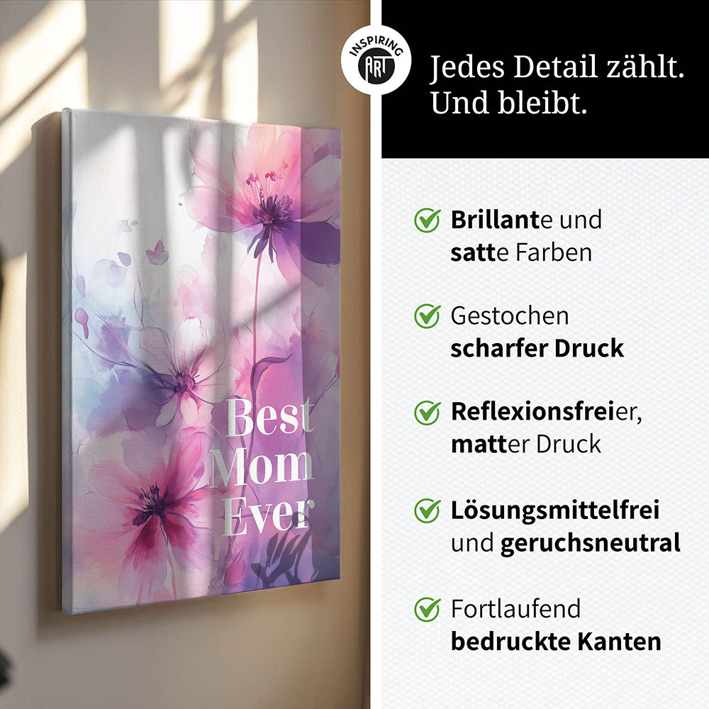 "Best mom ever" Lila Blumen - Leinwandbild bunt