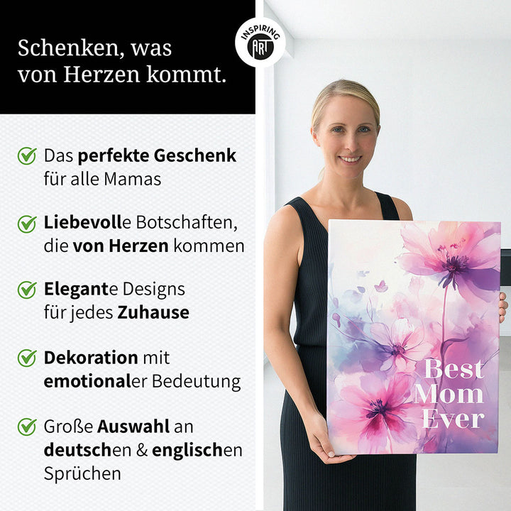 "Best mom ever" Lila Blumen - Leinwandbild bunt